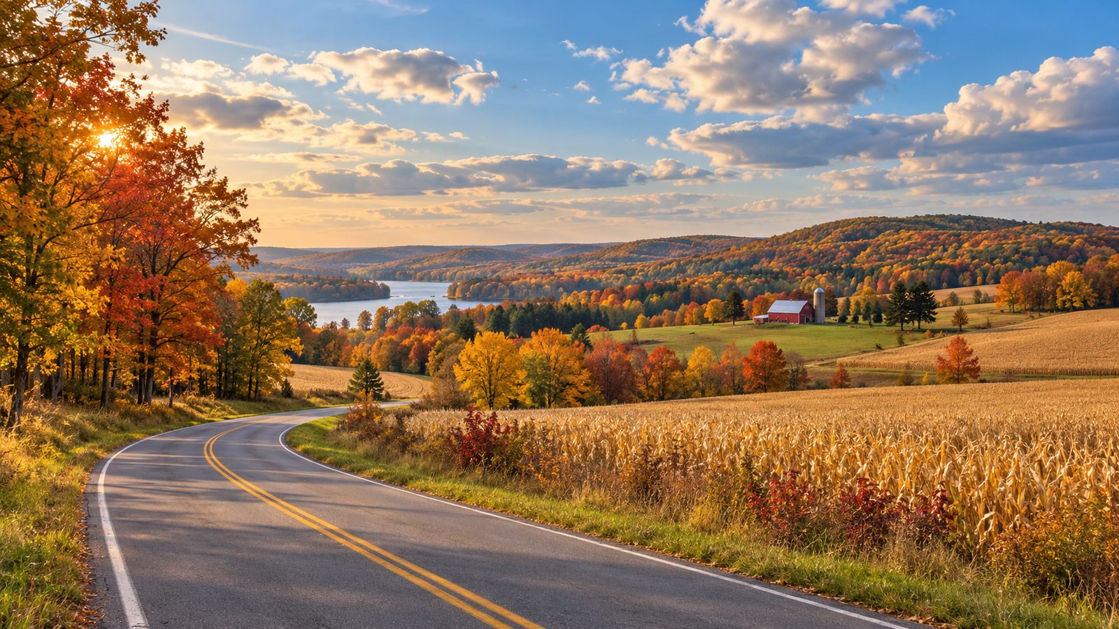 A country road winding through golden autumn fields and colorful woods, with a red barn in the distance