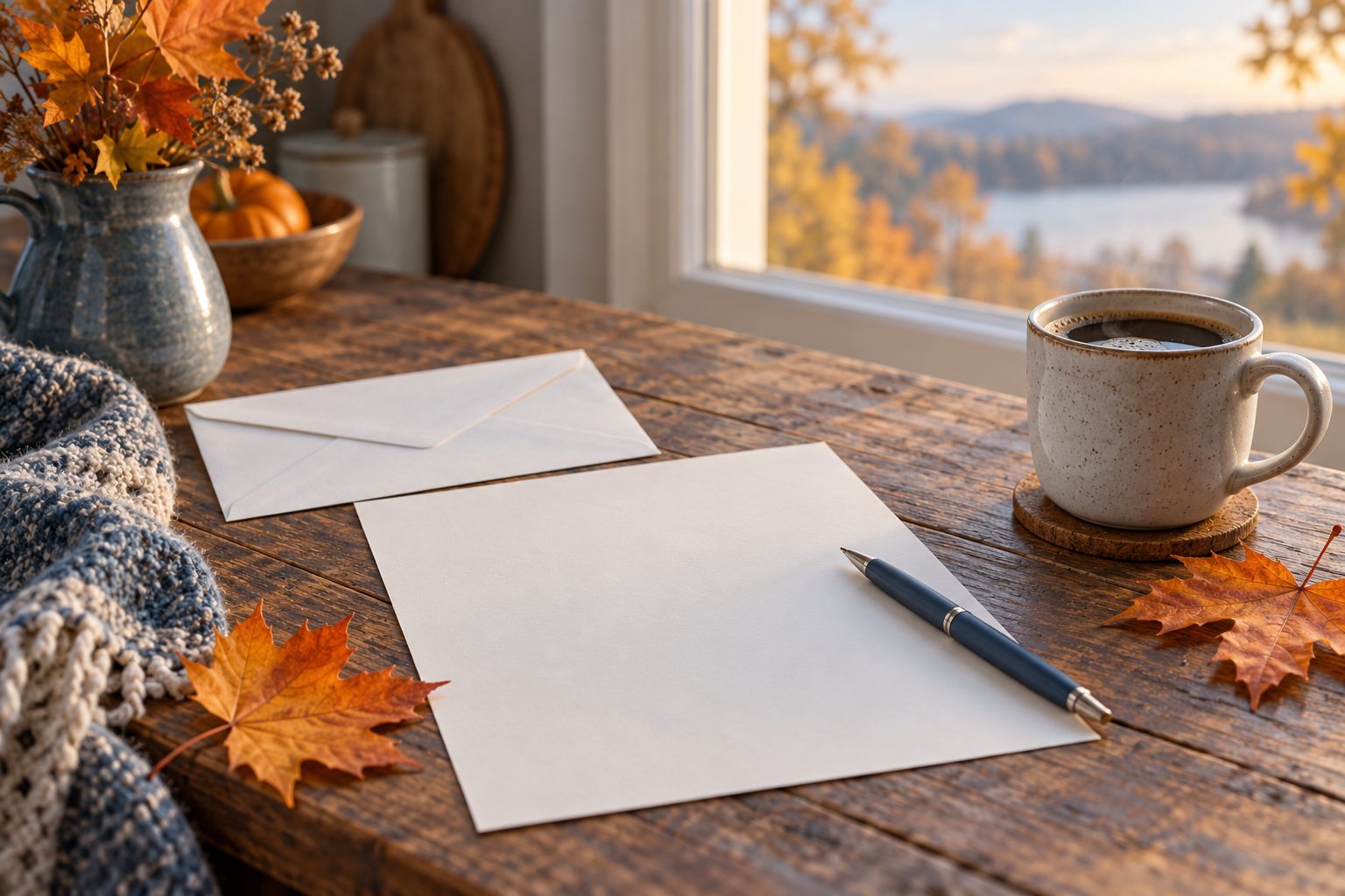 A blank form, envelope, pen and coffee mug on a wooden table by an autumn window